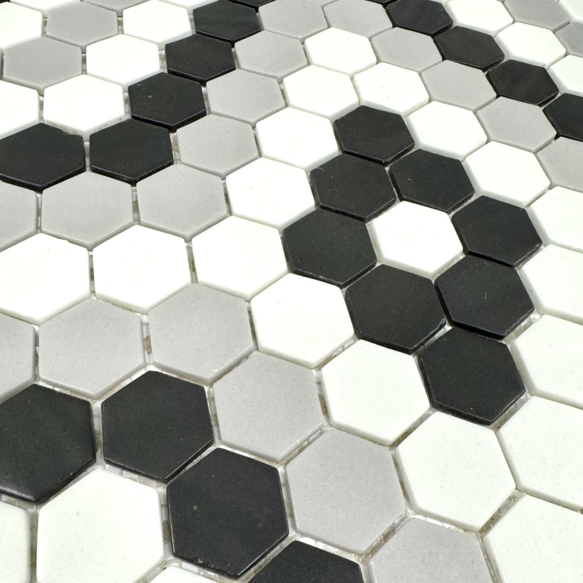 Glass Hex - Black, White & Grey - Glass Mosaic Tile