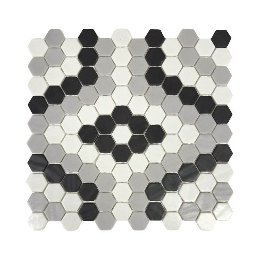 Glass Hex - Black, White & Grey - Glass Mosaic Tile