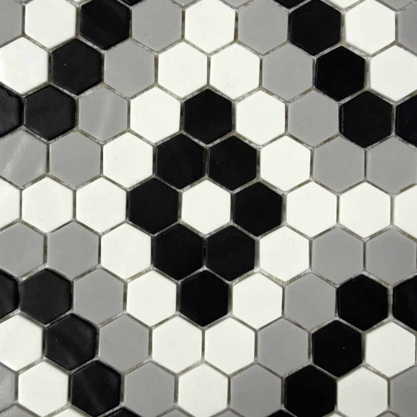 Glass Hex - Black, White & Grey - Glass Mosaic Tile